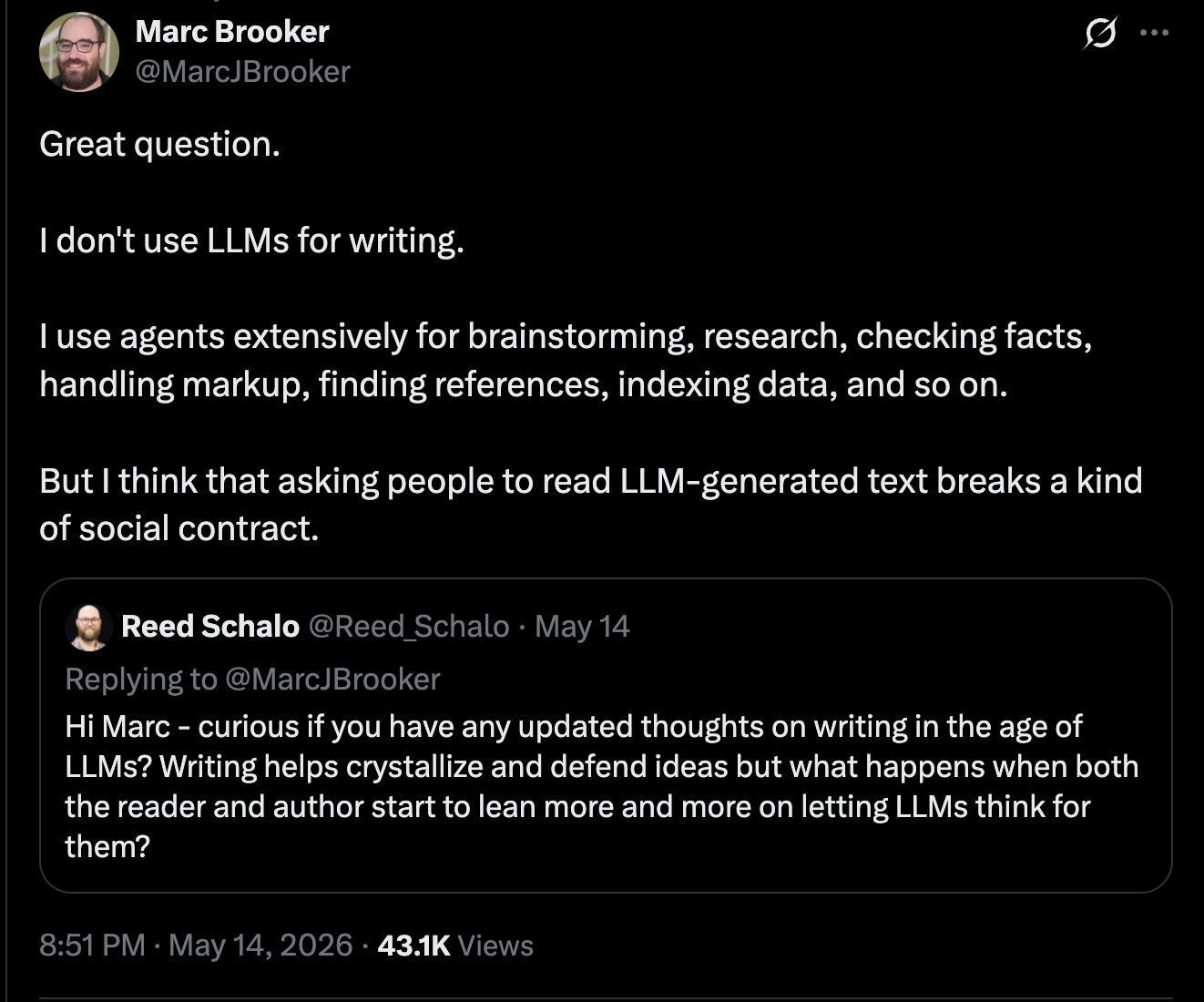 Marc Brooker tweet about not using LLMs for writing